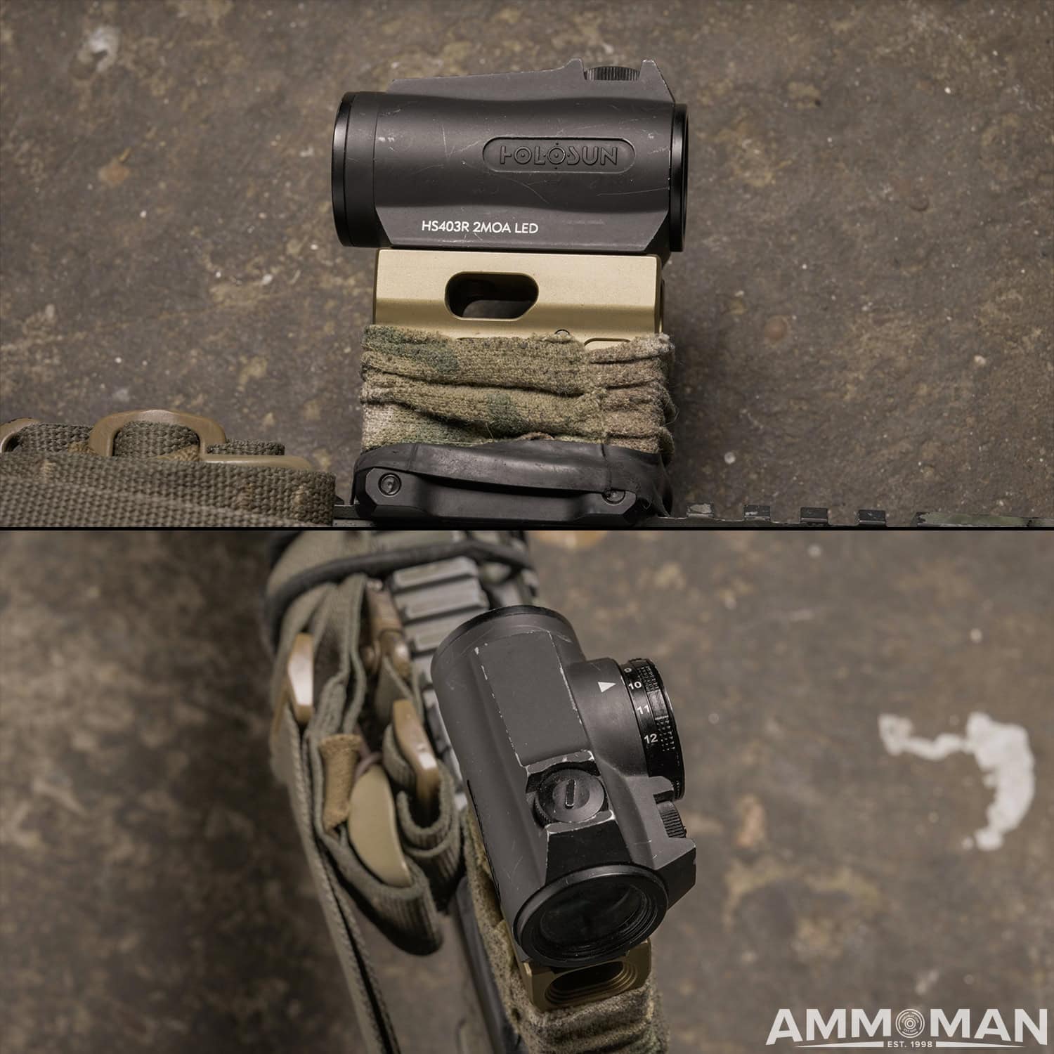 Close up pictures of a red dot sight
