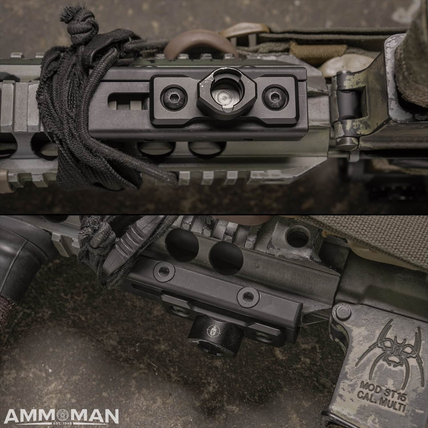 Detailed picture of the magnetic tripod receiver mount on an AR-15 handguard