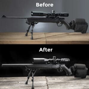An upgraded savage b-22 rifle designed to become a more accurate firearm with customizations.